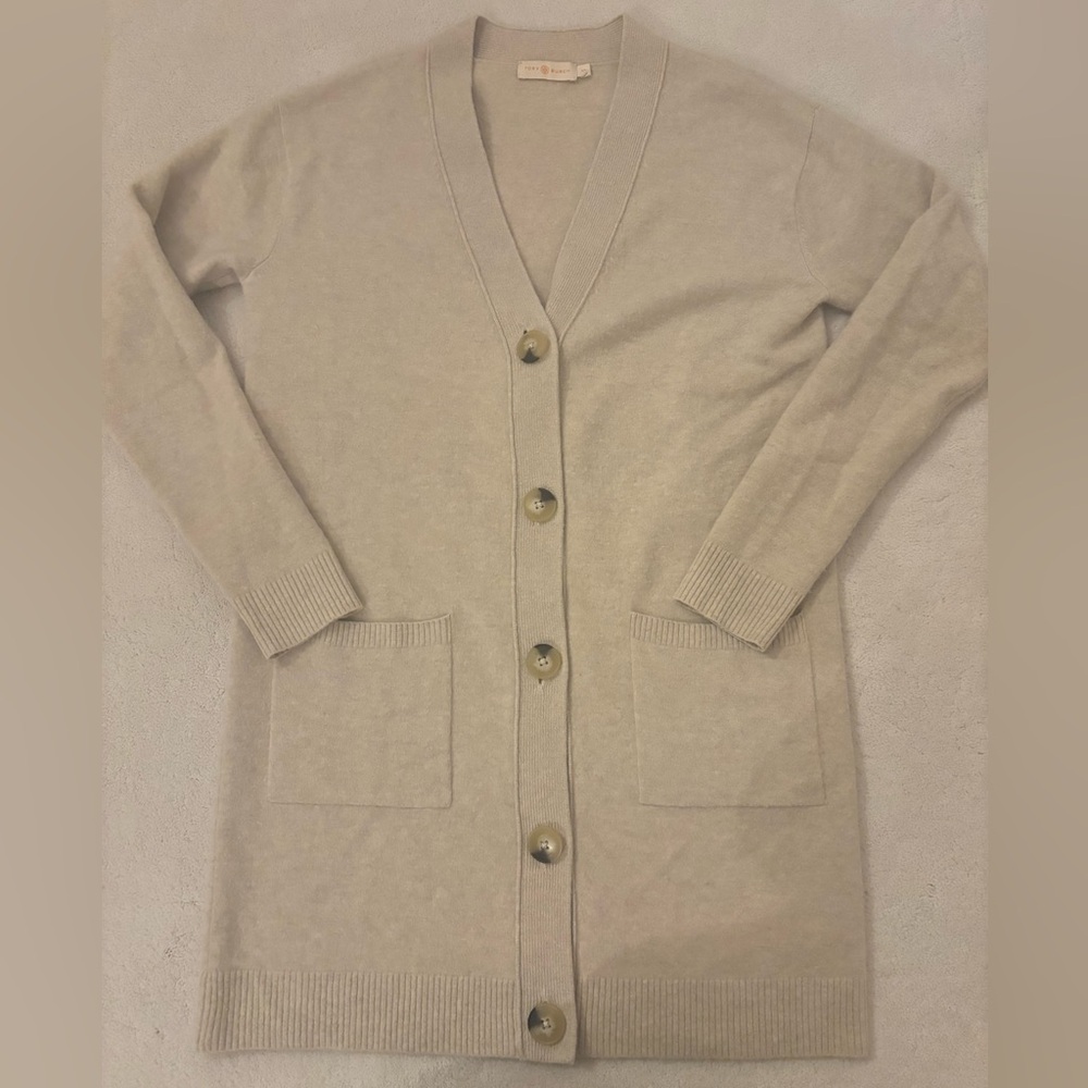 Tory Burch Longline Oatmeal Wool Blend Cardigan